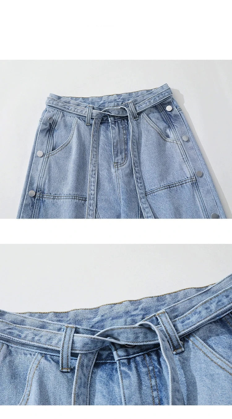 Denim Side Breasted Panelled Lace Up Shorts