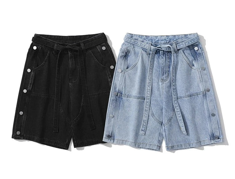 Denim Side Breasted Panelled Lace Up Shorts